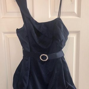 One shoulder navy snake embossed dress